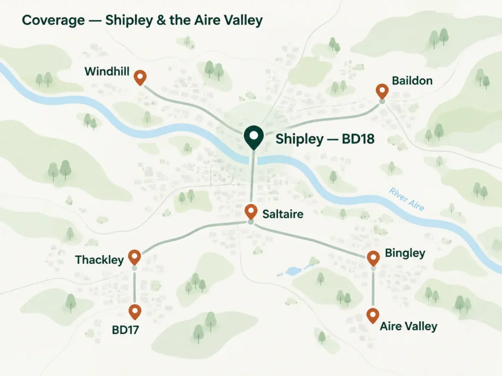 Coverage map showing Shipley BD18, Saltaire, Baildon, Windhill, Thackley, Bingley, BD17 and the Aire Valley